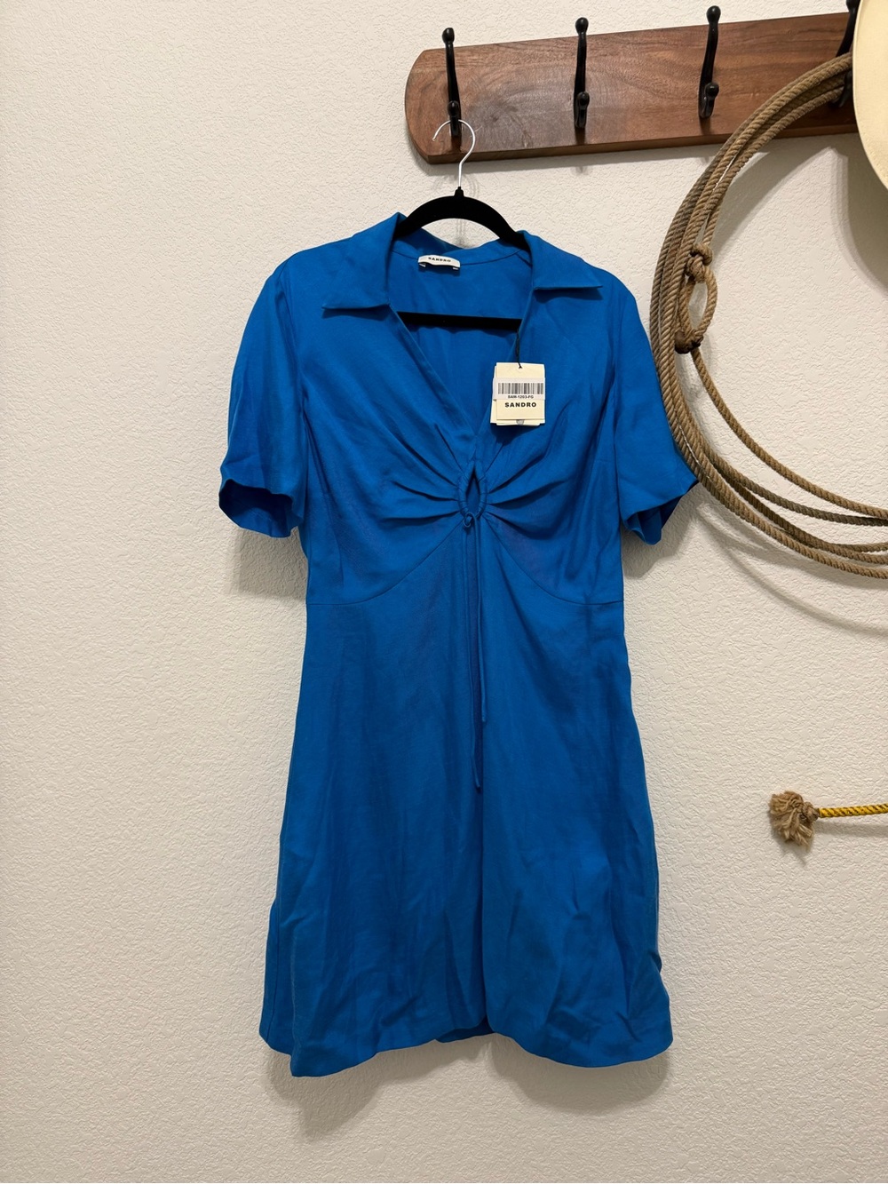 NWT Sandro Paris Blue Pompei Linen Blend Keyhole Mini Dress – Size 40 (US 8 / L)